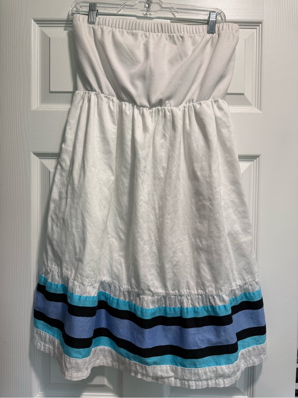 Women’s White Strapless Dress with Blue & Black Stripes